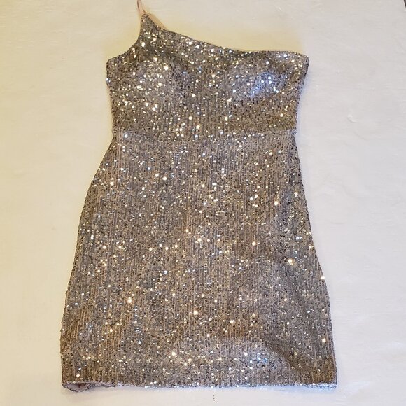Xscape One Shoulder Silver Sequen Cocktail Evening Dress Size 6 - Picture 7 of 14